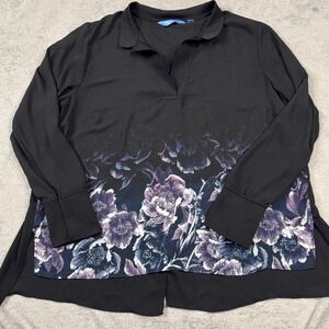 Simply Vera Vera Wang Black Purple Floral Border Print Crossover Back Blouse XL